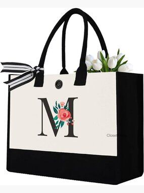 Monogrammed Canvas Tote Bag with Inner Zipper Pouch and Button Closure